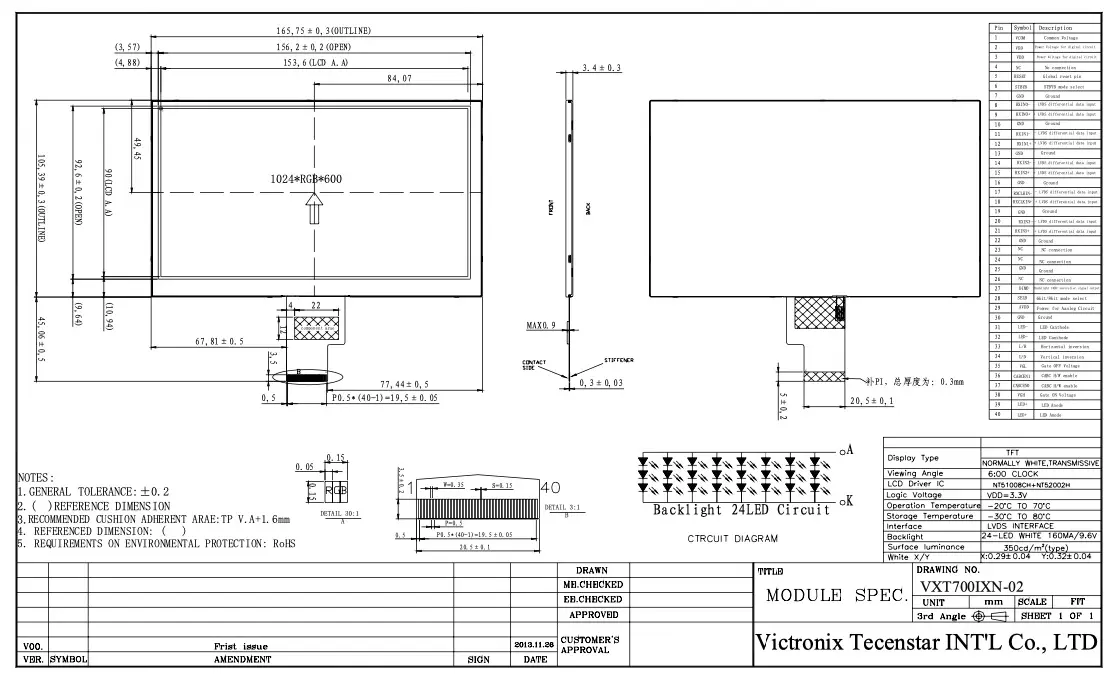 7 inch 1024x600 LVDS TFT Module